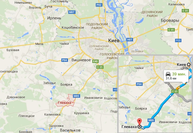 Посёлок городского типа Глеваха находится на расстоянии 31,9 км от Киева. Карты Google