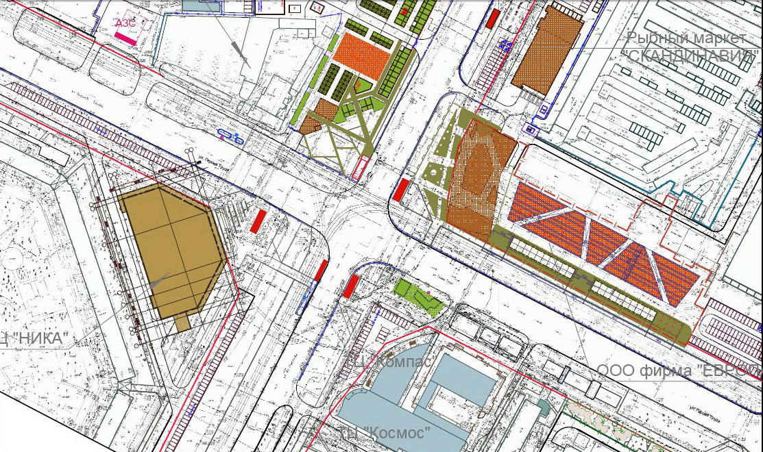 План реконструкции перекрёстка улиц Академика Павлова и Героев Труда. Красные прямоугольники - уже существующие выходы из метро. Белый прямоугольник с красным контуром - планируемый выход из метро