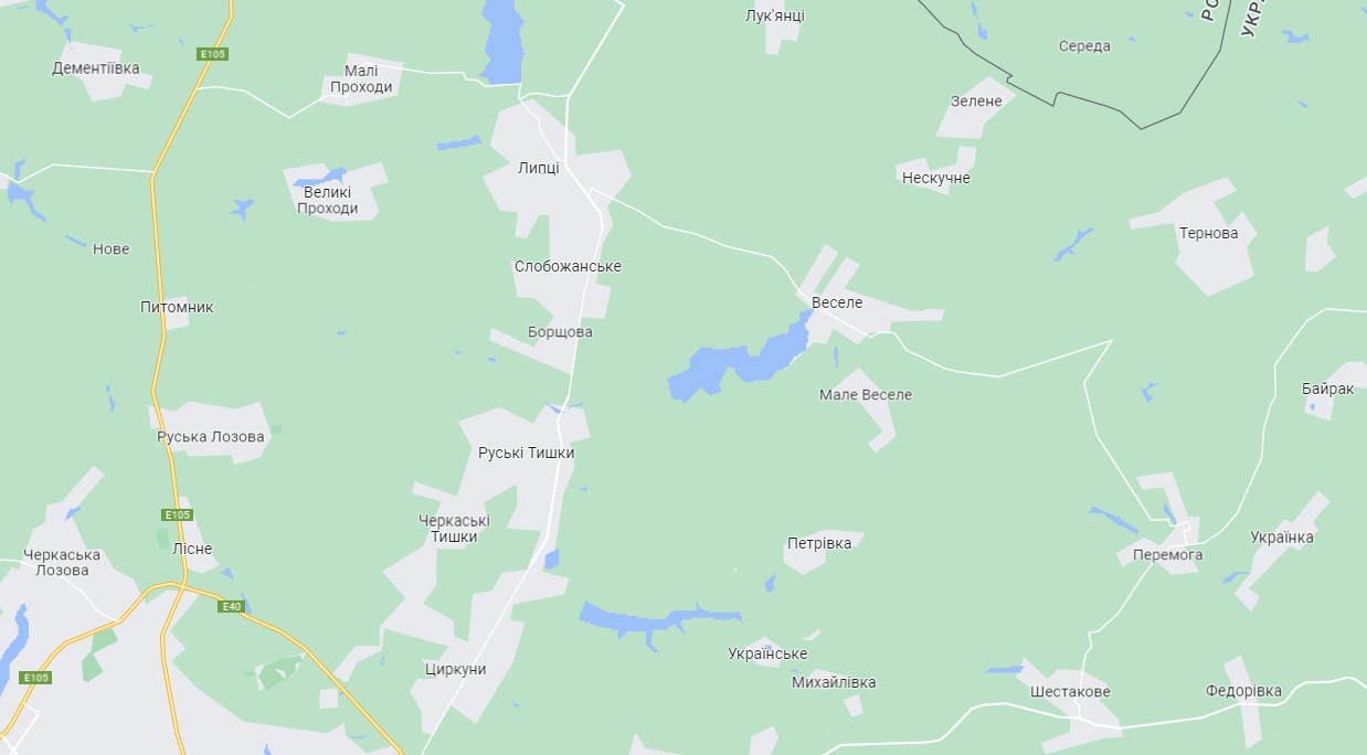 Українські захисники виявили розвідгруппу РФ в районі сіл Мале Веселе — Петрівка. Карти Google Maps