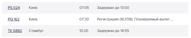 Рейс у Київ мав вилетіти о 7.05, у Стамбул — о 10.20. Скріншот: hrk.aero/onlajjn-tablo