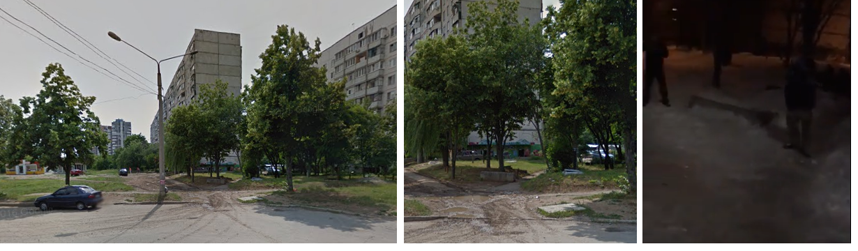 Вот место стрельбы в сравнении с фото из Панорам Google. Та же тропинка и бордюр