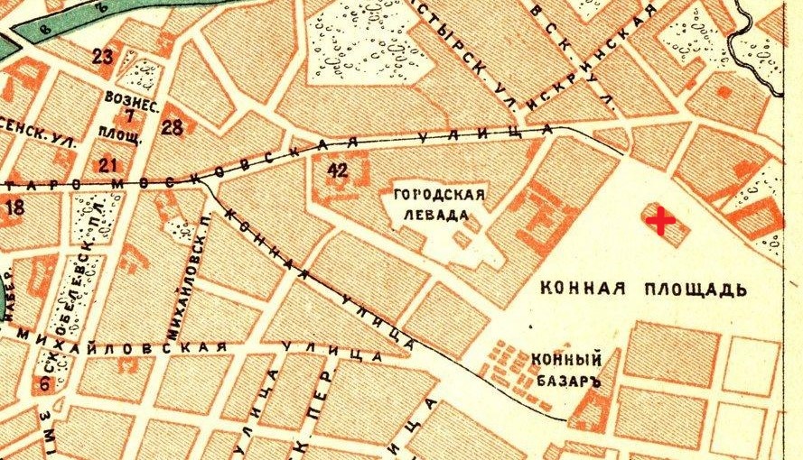 Місце розташування Свято-Духівської церкви позначено червоним хрестом. Мапа 1903 року