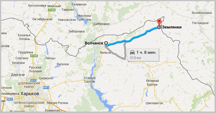 Село Землянки - 57 км от Волчанска. Карты Google