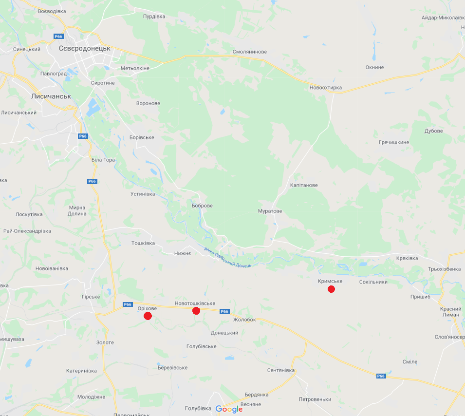 Вказані населені пункти розташовані в районі Золотого, де у 2019 році відбулося розведення військ. Google Maps