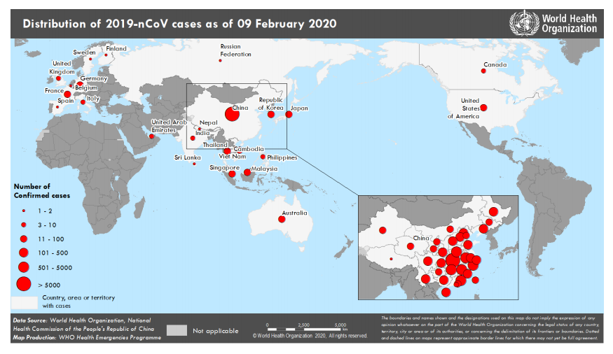 Поширення вірусу. Дані Всесвітньої організації охорони здоров'я станом на 9 лютого. Скріншот: who.int/emergencies/diseases/novel-coronavirus-2019/situation-reports
