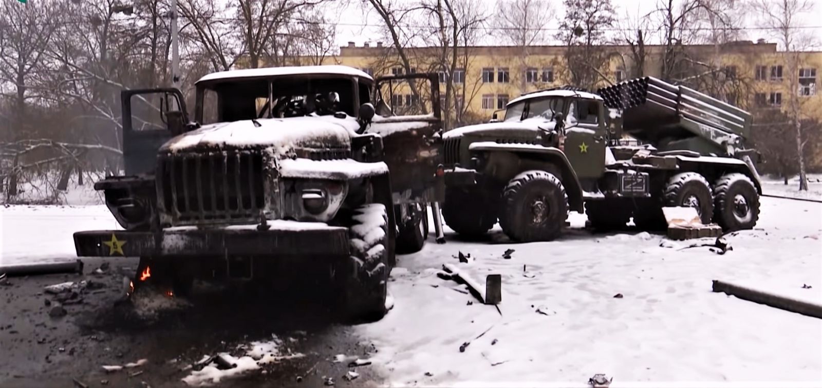 Знищені російські «Гради» у П'ятихатках. Скріншот відео: СТБ