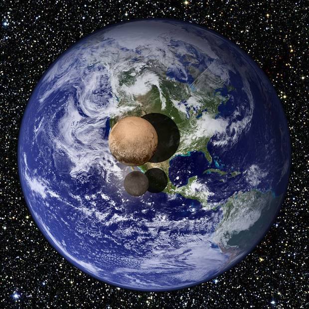 Размеры Плутона и его спутника Харона по отношению к Земле. Согласно информации NASA, диаметр Плутона составляет 2370 километров (18,5% от диаметра Земли), Харона - 1208 километров (9,5%).
