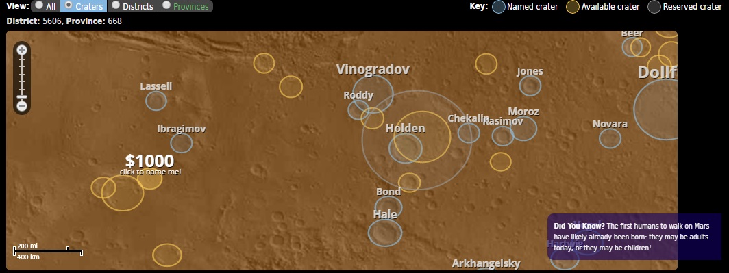 На карте Марса есть кратеры Bond, Holmes, Hendrix, Barabashov. Cкриншот карты: uwingu.com/mars/