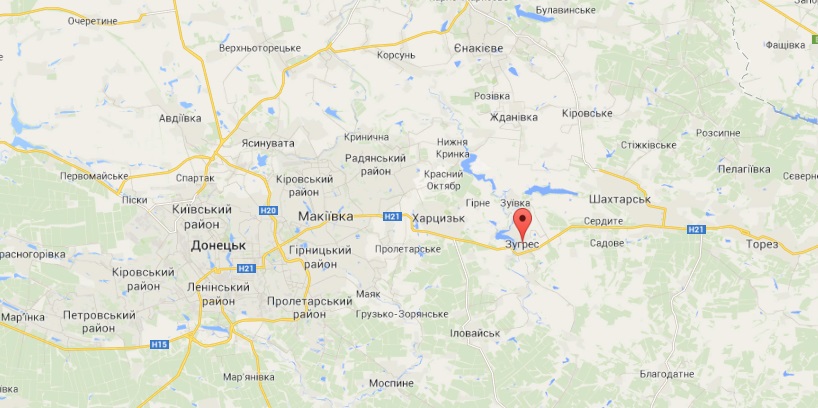Город Зугрес находится в 40 километрах от Донецка. Карты Google