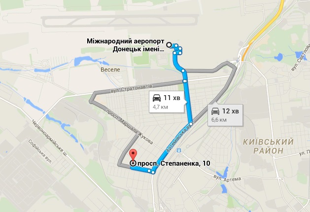 Расстояние от школы №63 до аэропорта Донецка. Карты Google