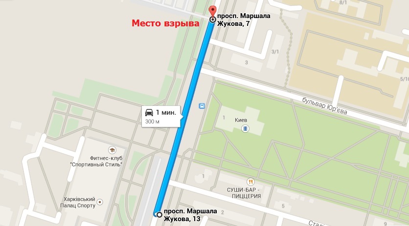 Взрыв произошёл в районе пр. Маршала Жукова, 7. Расстояние, которое прошли активисты. Карты Google