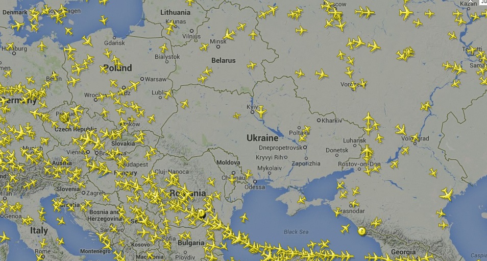 Полёты над Украиной. Ситуация в ночь на 18.07.14 по сайту flightradar24.com