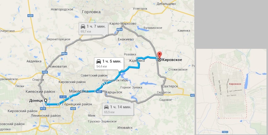 Город Кировское - 54,4 км от Донецка. Карты Google