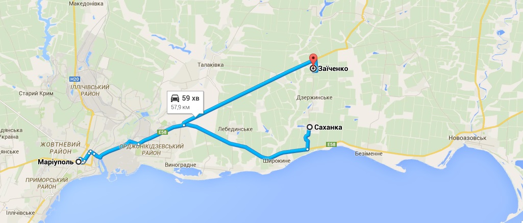 Саханка и Заиченко находсятся со стороны Новоазовска. Карты Google