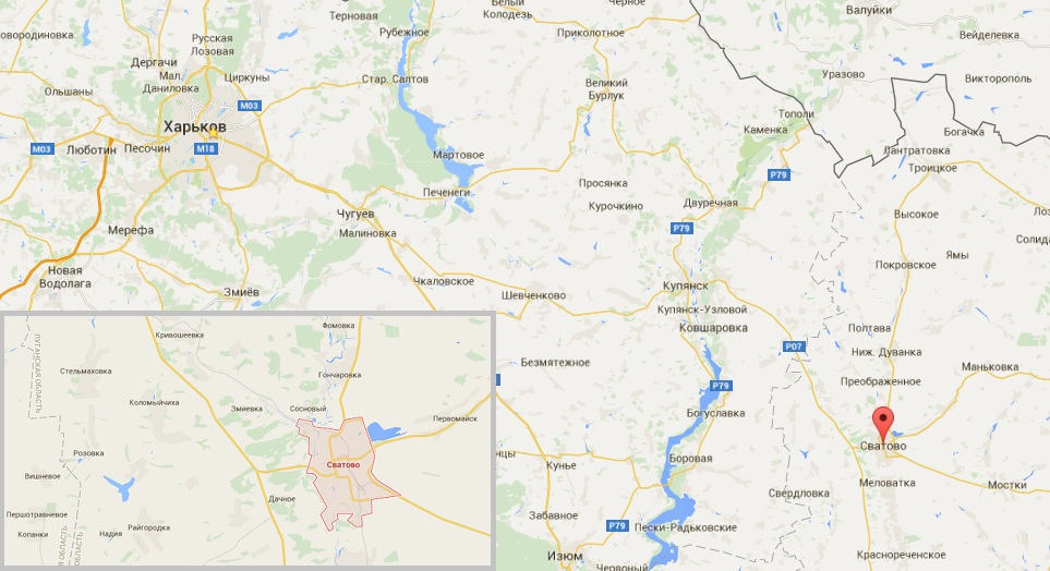 Город Сватово расположен вблизи границы Луганской и Харьковской областей. Карты Google