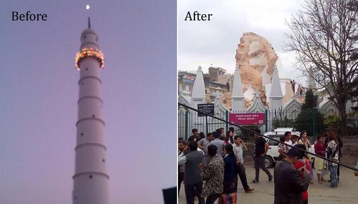 Дхарахара (или Башня Бхимсена) — башня высотой 61,88 метров в центре Катманду. До и после землетрясения 25 апреля 2015 года 