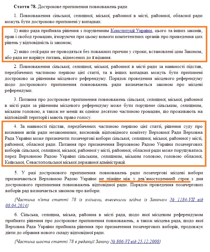 Статья 78 Закона Украины «О местном самоуправлении». Скриншот сайта ВР