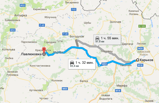 Село Павлюковка находится в 93 км от Харькова. Карты Google 