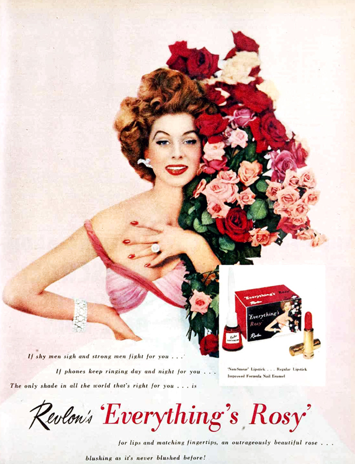 Огненно рыжая модель и актриса Сьюзи Паркер рекламирует помаду и лаки от «Revlon» ярко-красных оттенков. Во всех модных журналах 50-х 