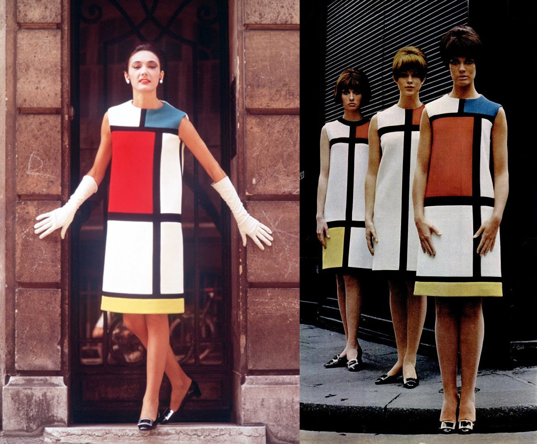 Знаменитое «мондриановское» мини-платье от гения столетия Ив Сен-Лорана. Именно он первым стал использовать современную живопись в коллекциях haute couture