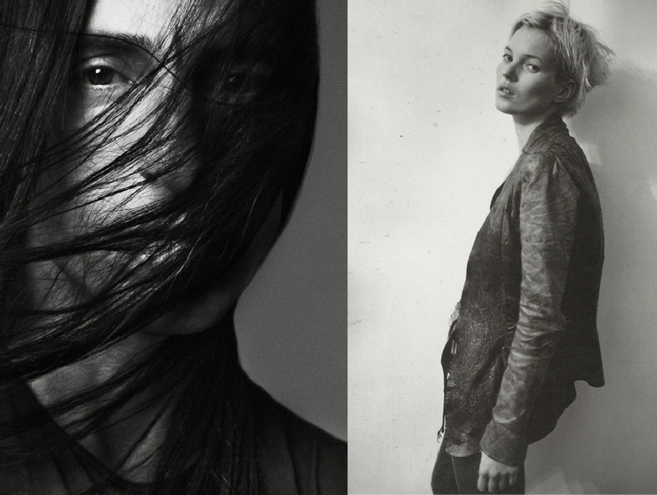 Слева: Рик Оуэнс. Справа: Кейт Мосс в кожаной куртке от Rick Owens. Vogue, апрель 2001
