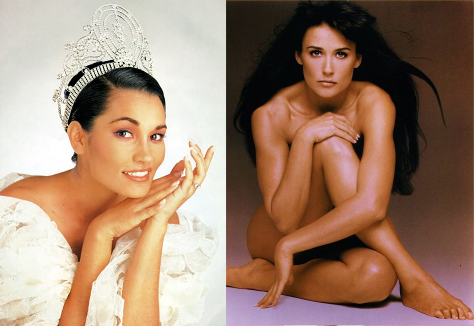 Слева: «Мисс Вселенная 1997» — Брук Ли. Справа: Деми Мур. А начале 90-х она стала одной из самых высокооплачиваемых актрис в Голливуде. Из-за скверного характера, а точнее репутации стервы в Голливуде, получила прозвище: «Demi Moore - Give me more»