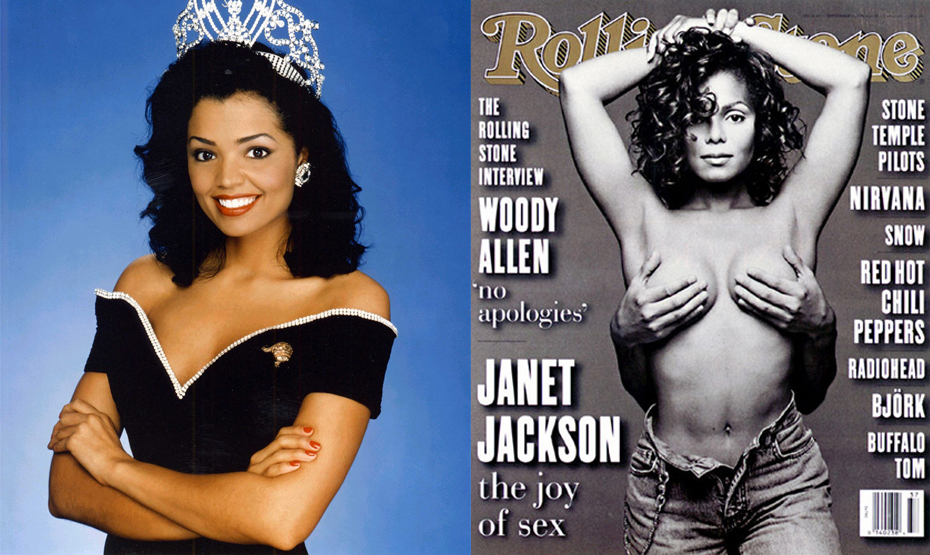 Слева: «Мисс Вселенная» 1995 — Челси Смит. Справа: Джанет Джексон — американская певица, автор песен, продюсер, танцовщица и актриса