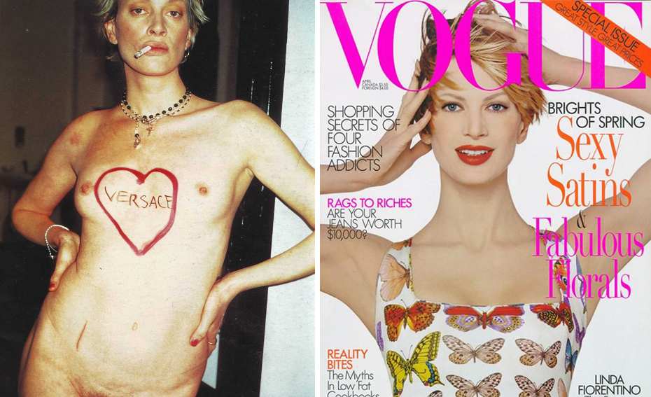 Слева: Кристен МакМенами — фото Юрген Теллер, 1996 год. Справа: Кристен МакМенами на обложке журнала Vogue, 1995 год