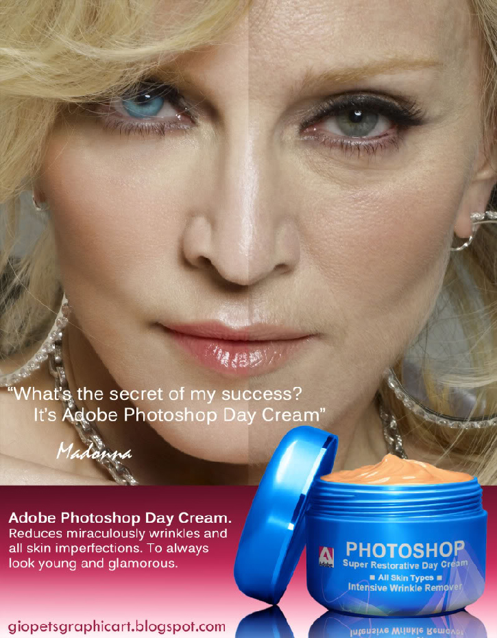Пристрастие к Photoshop обыграли дизайнеры-шутники — Мадонна в рекламе дневного крема «Photoshop»