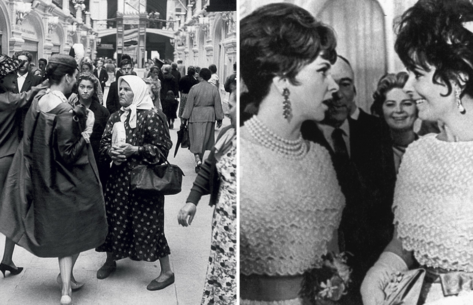 Слева: Женщины из разных миров — контраст поражает. Модели Christian Dior в московском Пассаже, 1959. Справа: Джина Лоллобриджида и Элизабет Тейлор на приёме в Кремле, 1961