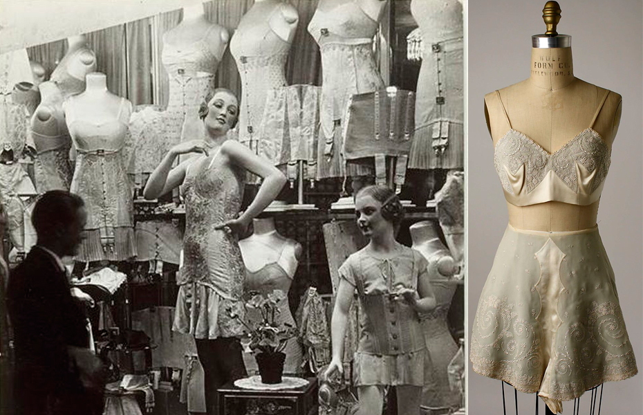 Слева: витрина магазина нижнего женского белья во Франции, 1920 год. Справа: комплект из китайского шёлка и льна, ручная вышивка, 20-е годы ХХ века