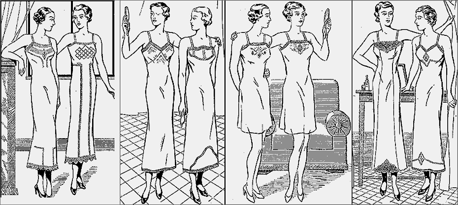 Каталог треста «Мосбельё» на 1936/37 год предлагал «женские длинные комбинации для вечерних платьев и короткие дневные сорочки, отделанные кружевом валансьен, машинной вышивкой, окантовкой, прошивками, цветной бейкой, фестонами»