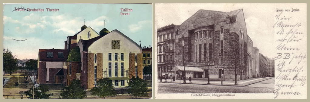 Слева немецкий тетр в Ревеле (Таллине) Васильева и Бубыря, проект 1908 г. Справа театр Хеббеля в Берлине Оскара Кауфманна, построен в 1908 г.