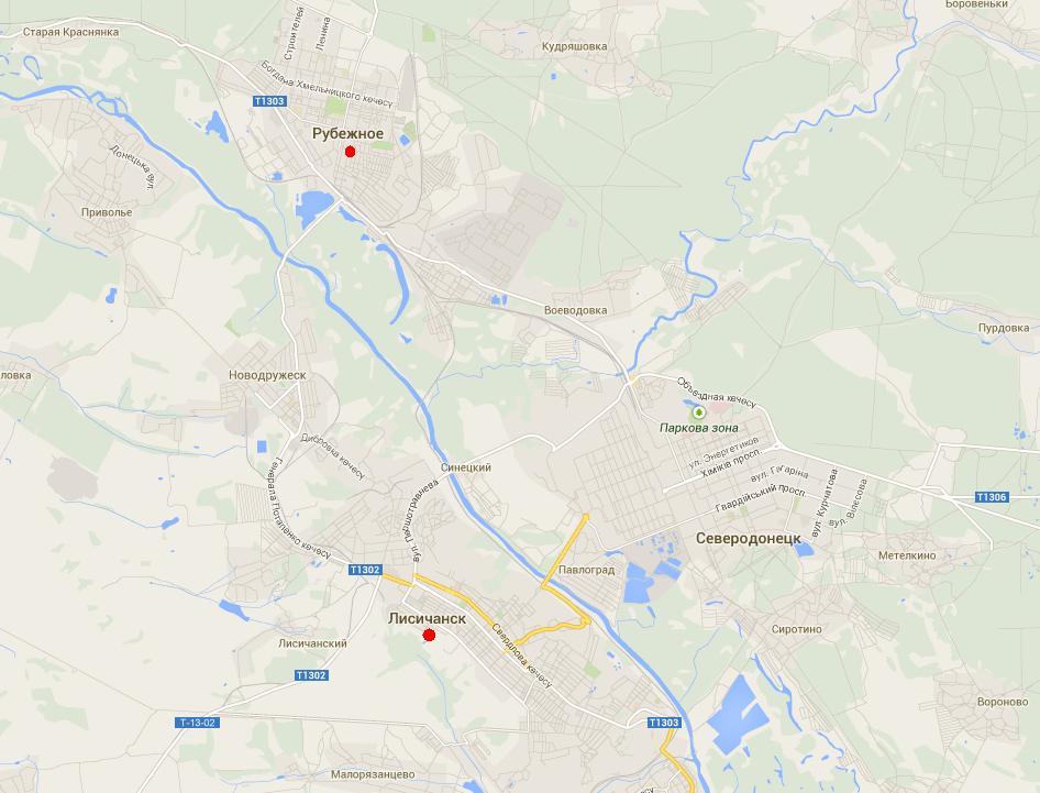 Города Рубежное и Лисичанск. Карта Google