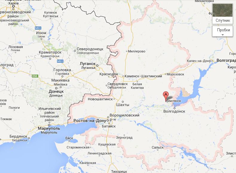 Ростовская область граничит с Донецкой и Луганской областями. Карта Google