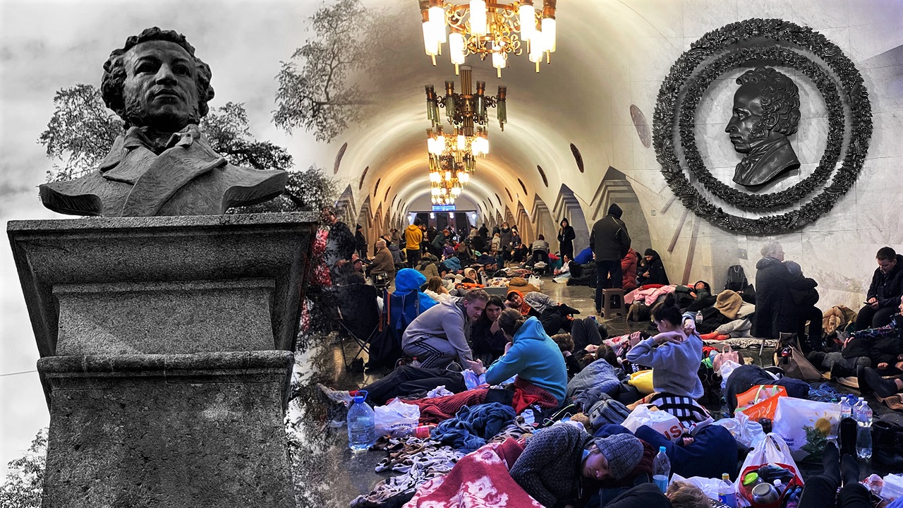 Пам'ятник Пушкіну у Харкові та станція «Пушкінська» вранці 25 лютого 2022 року, де від російських обстрілів ховалися харків'яни. Колаж mediaport.ua